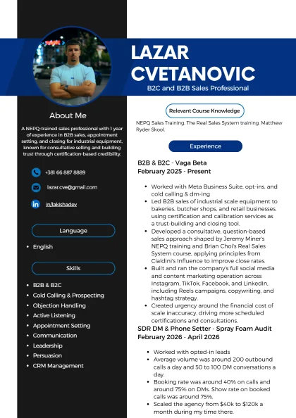 First page of Lazar Cvetanović's CV